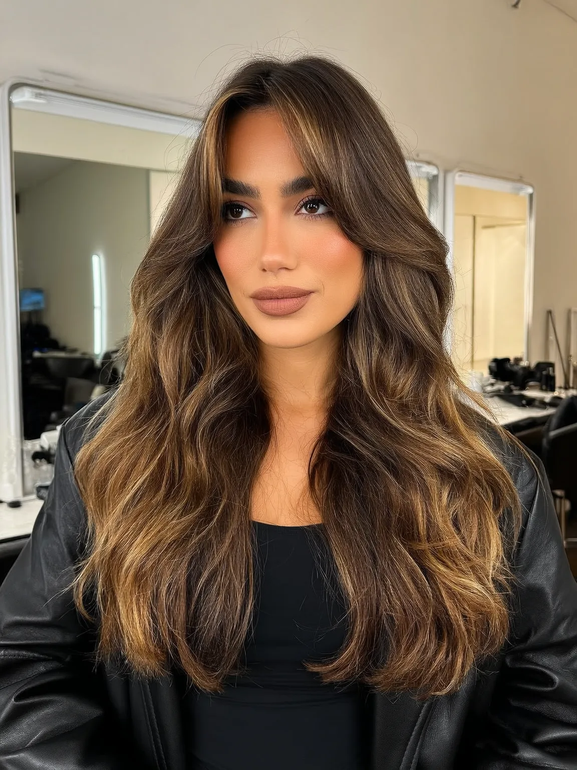 Golden Brown Wavy Layers with Subtle Balayage and Curtain Bangs